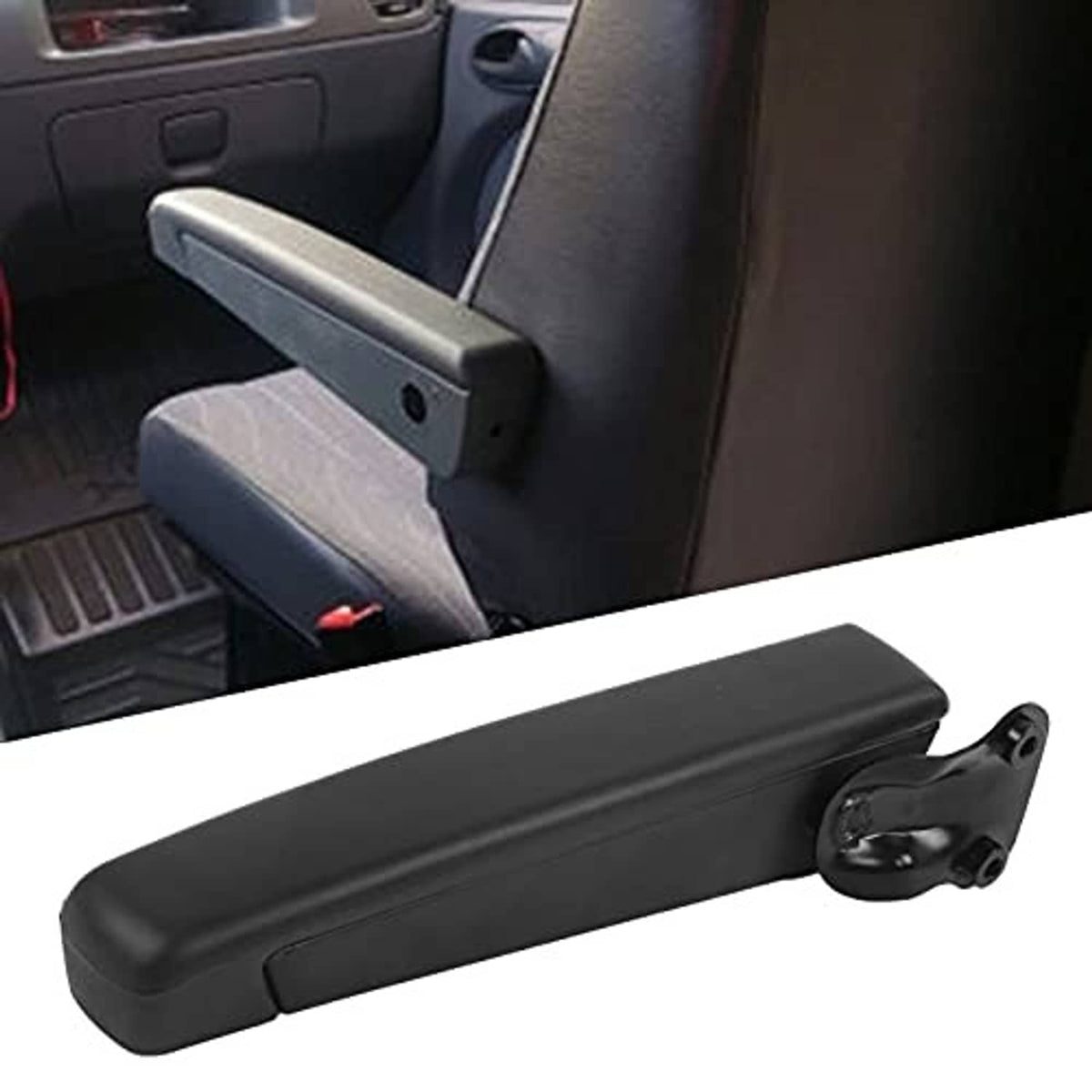 Installed black car armrest on door panel with visible mounting arm