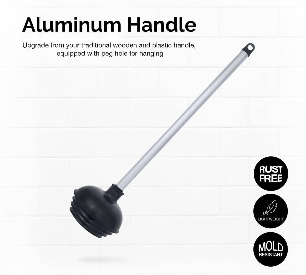 Toilet plunger with long silver aluminum handle and black rubber flange cup