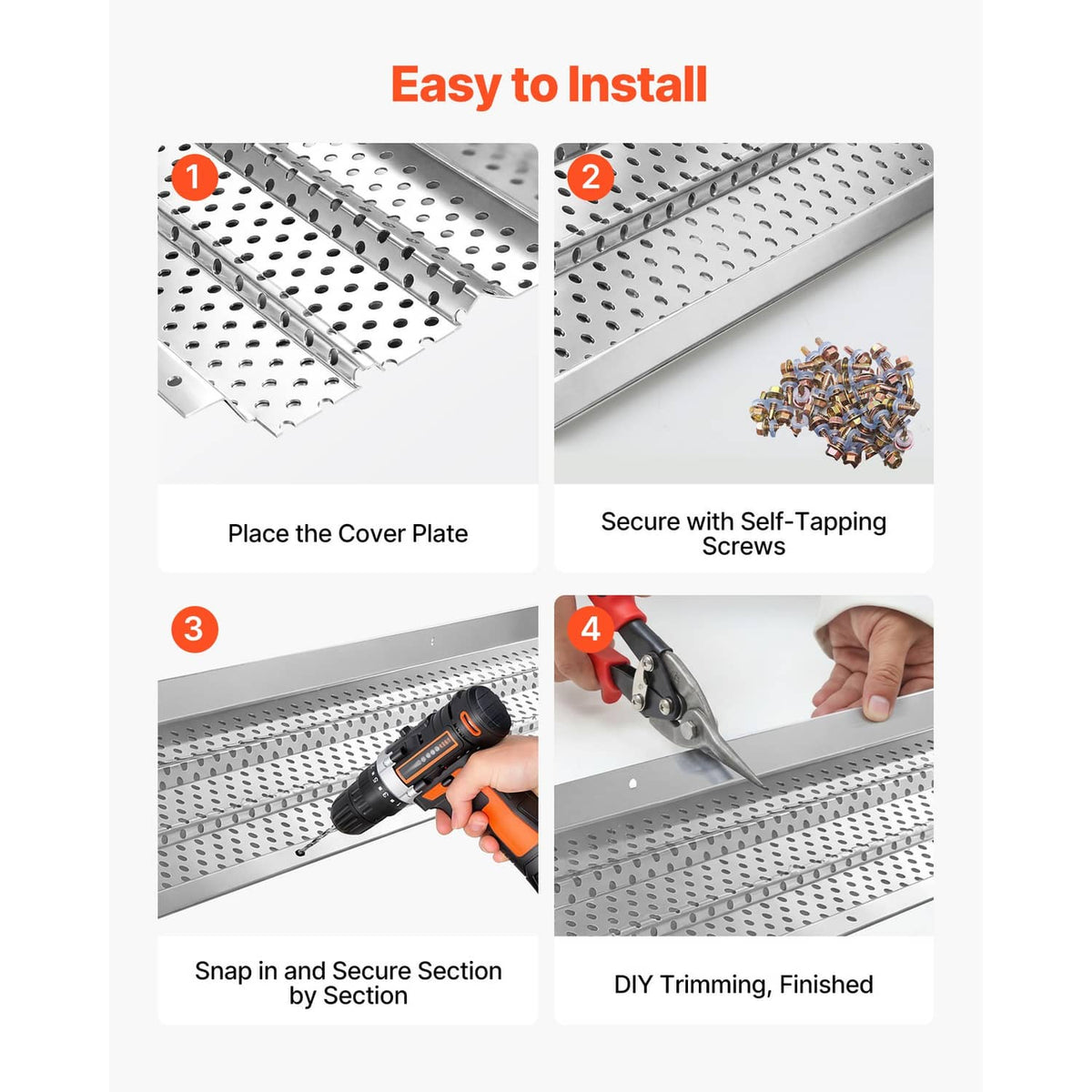 Aluminum gutter guard with perforated holes and self-tapping screws for fitting