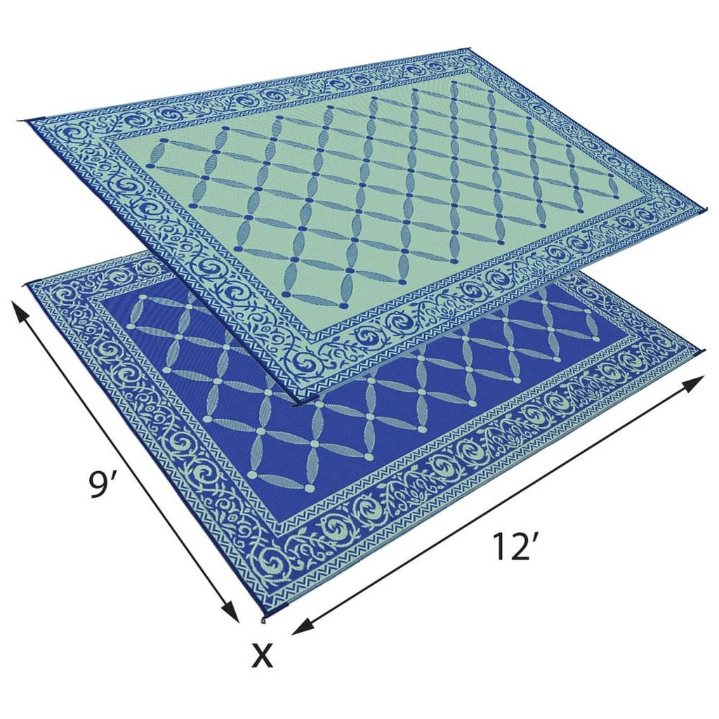 Reversible camping mat showing two blue-pattern sides with decorative border
