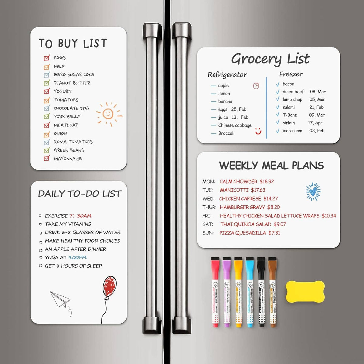 Magnetic dry erase boards for fridge, weekly and to-do lists with 4 markers