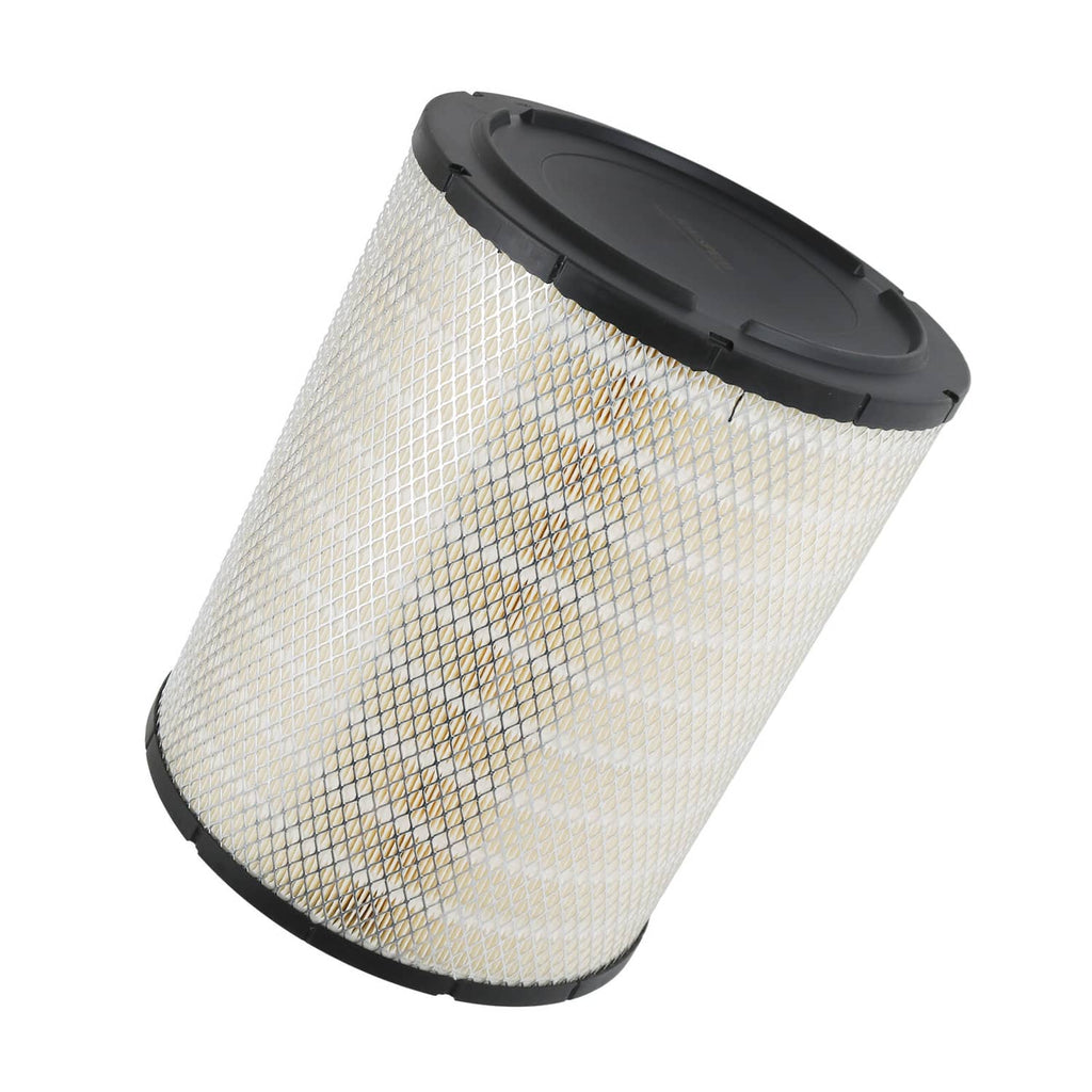 Engine air filter cartridge with black rim and pleated white media, 3/4 view