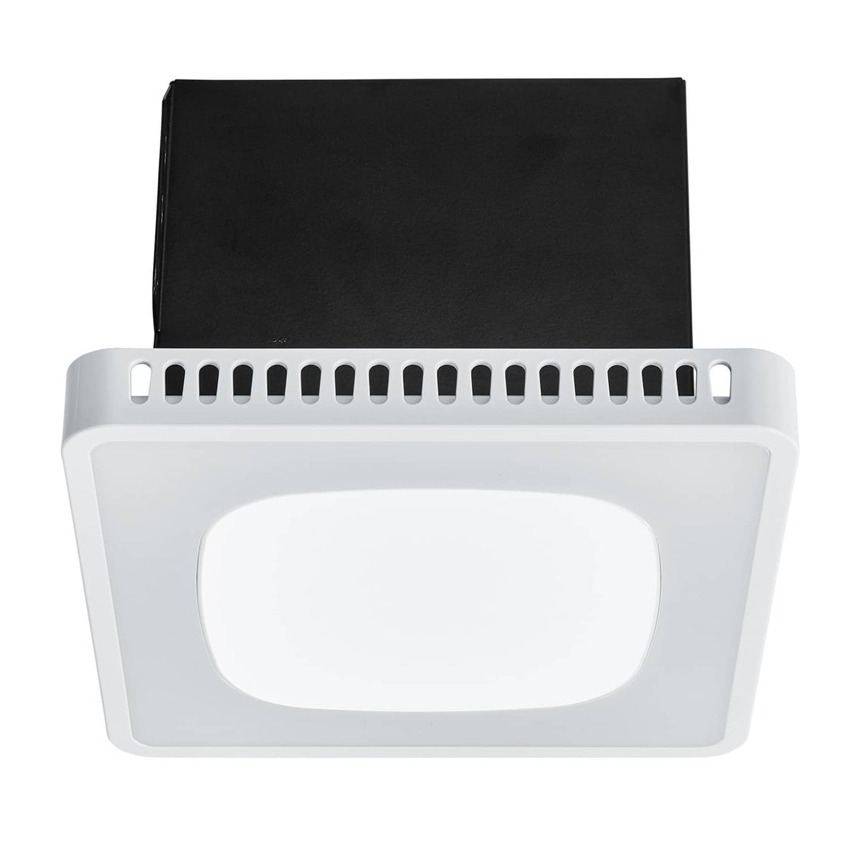 Bathroom ventilation fan with white housing, dark cover plate, and oval LED light opening