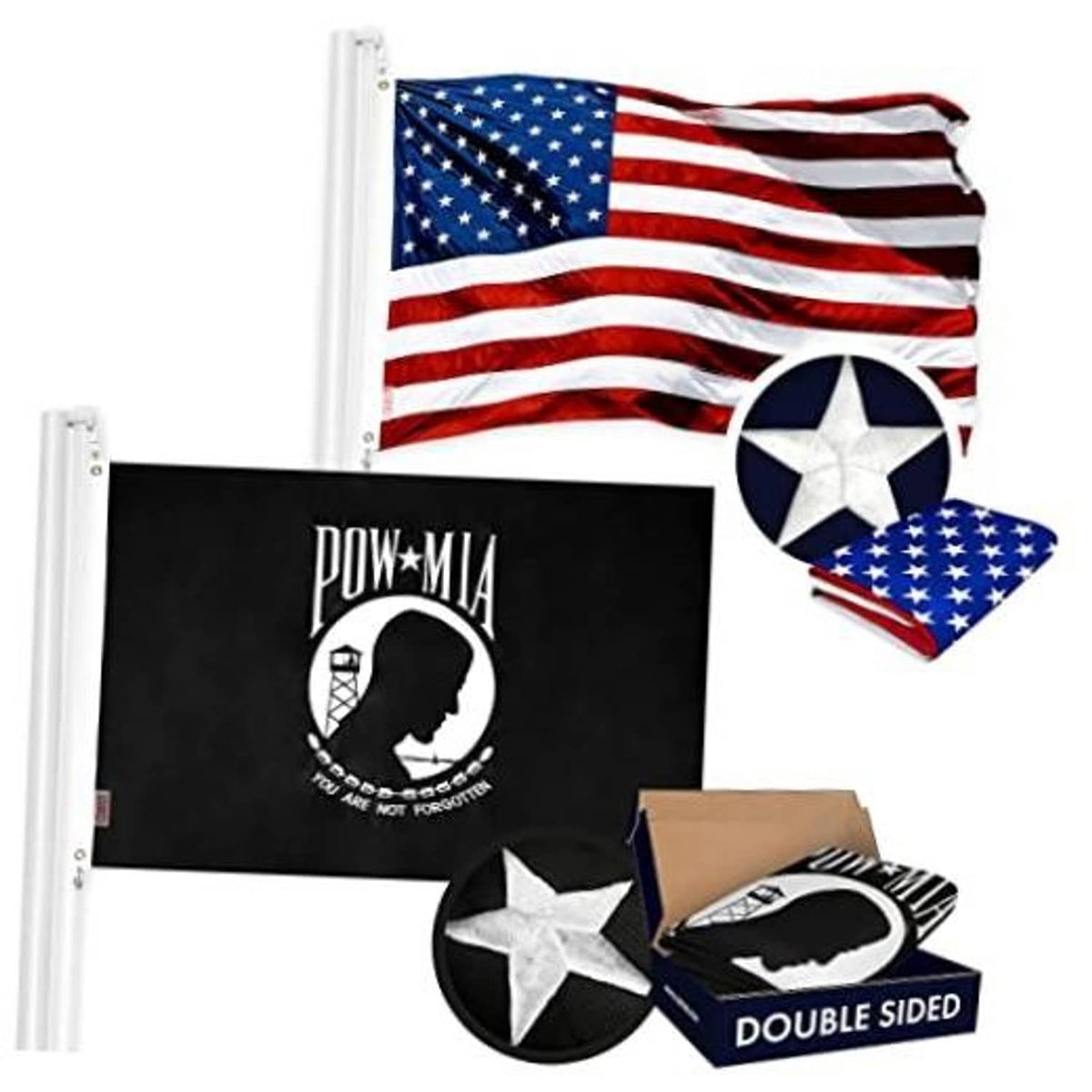 USA embroidered flag with red stripes, blue field, white star, and brass grommets