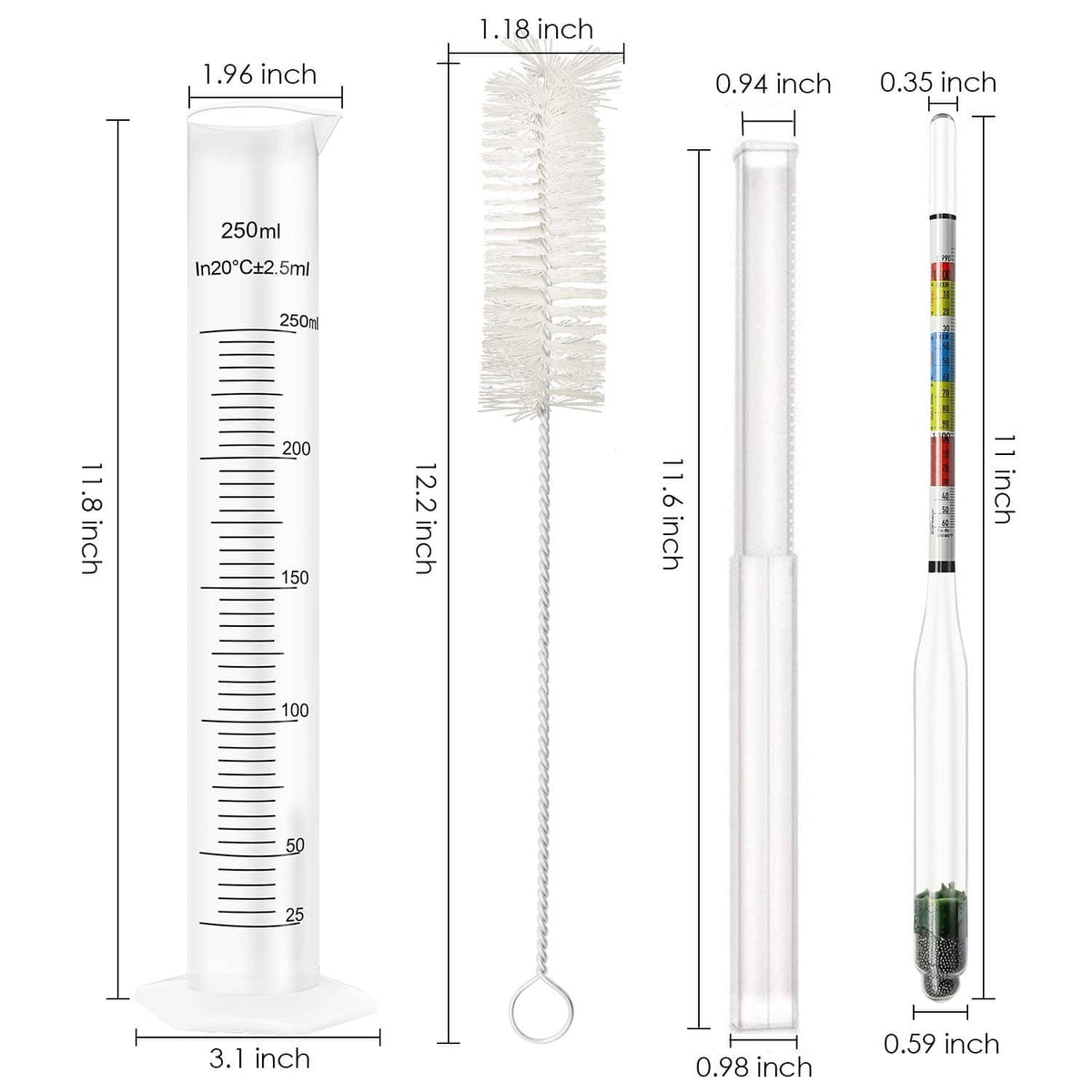 Triple scale alcohol hydrometer set with 250 ml test jar and long stem scale