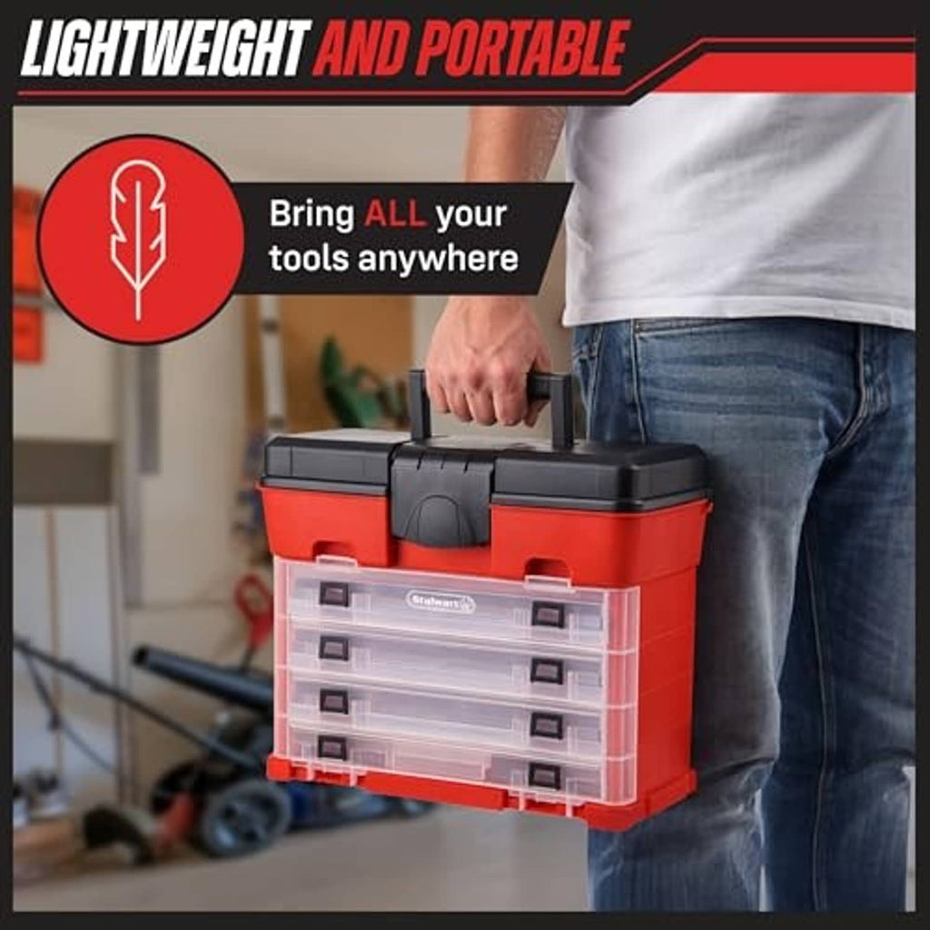 Red portable tool storage box with clear multi-compartment drawers and black handle