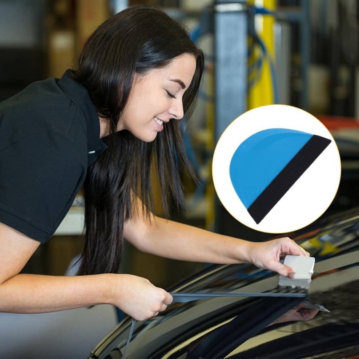 Blue-and-black felt squeegee tool head for car vinyl application