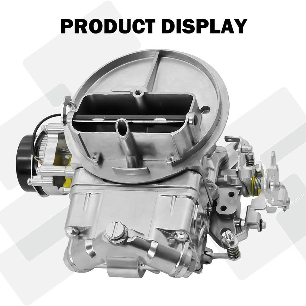 Angled view of 2-barrel carburetor with open air horn and silver metal body
