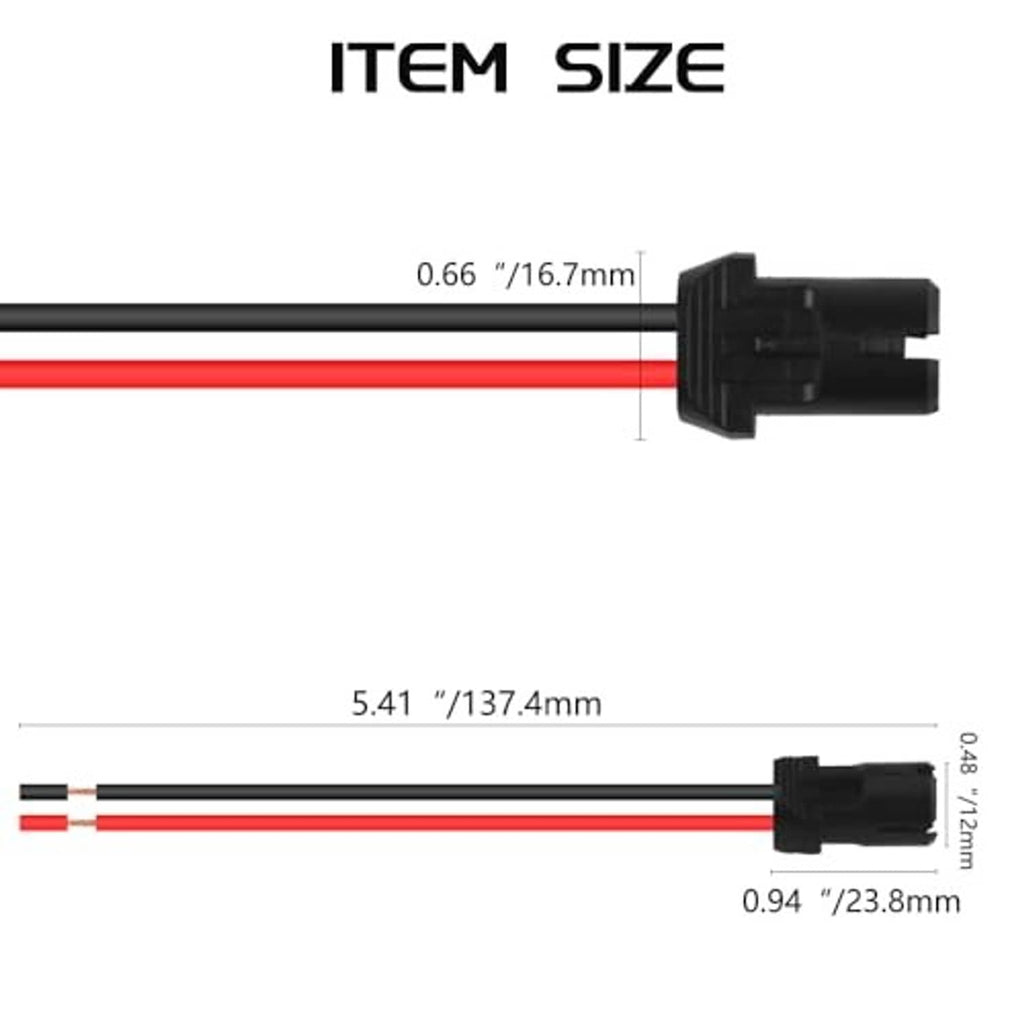 Pre-wired LED bulb socket leads with black housing and red/black wires, size detail