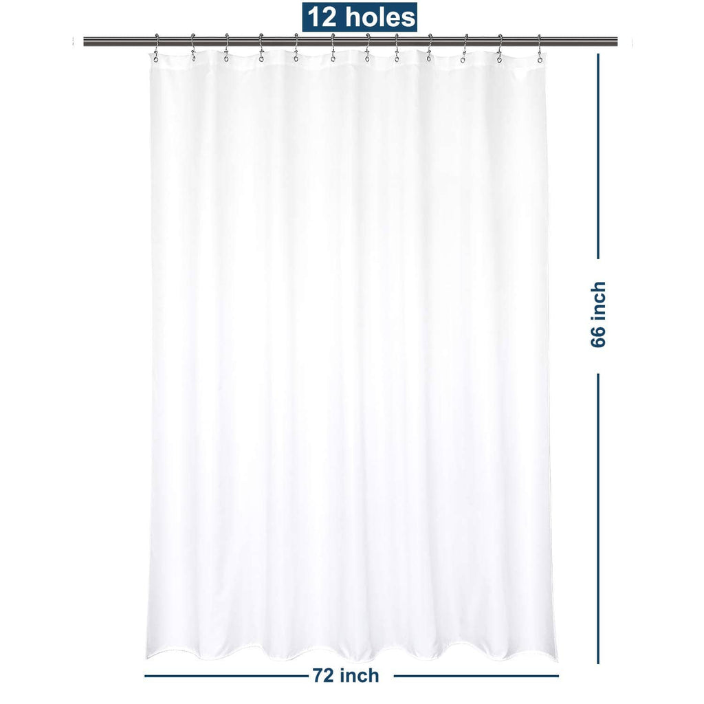 White short shower curtain liner, 72 in wide x 66 in long, 12 grommets