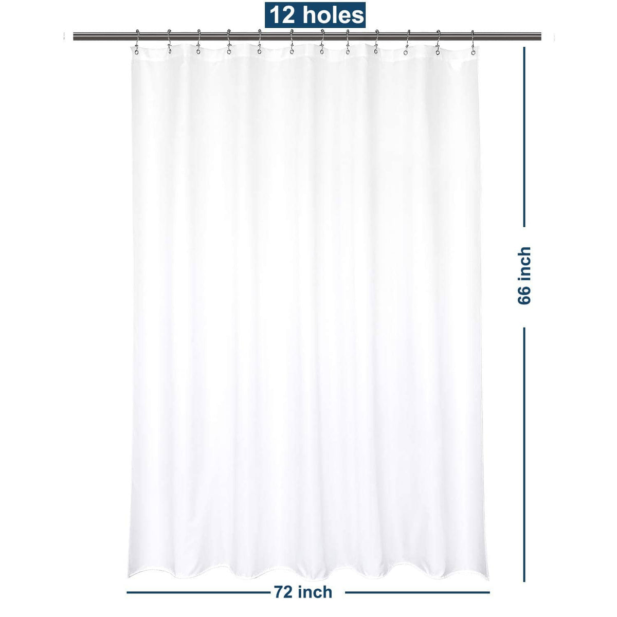 White short shower curtain liner, 72 in wide x 66 in long, 12 grommets
