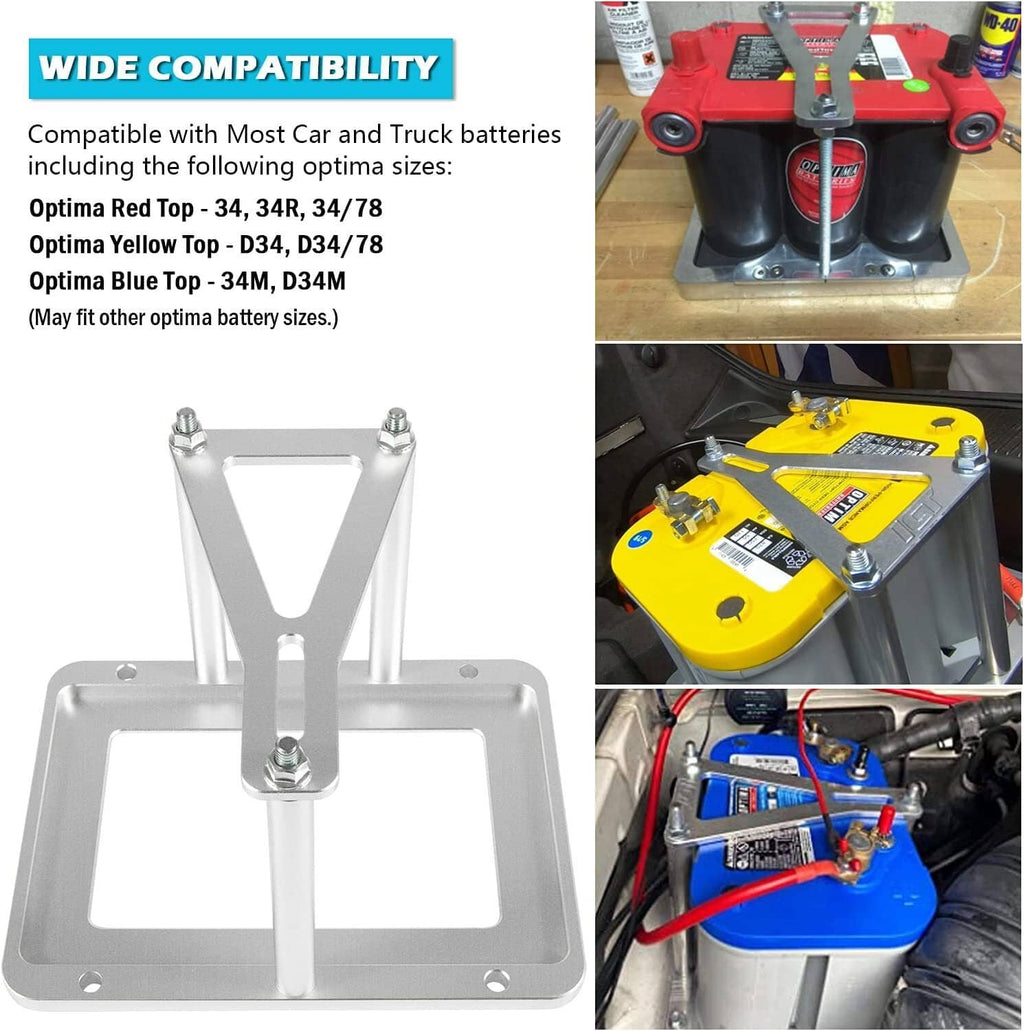 Billet aluminum battery tray hold-down bracket and base plate with anti-slip frame