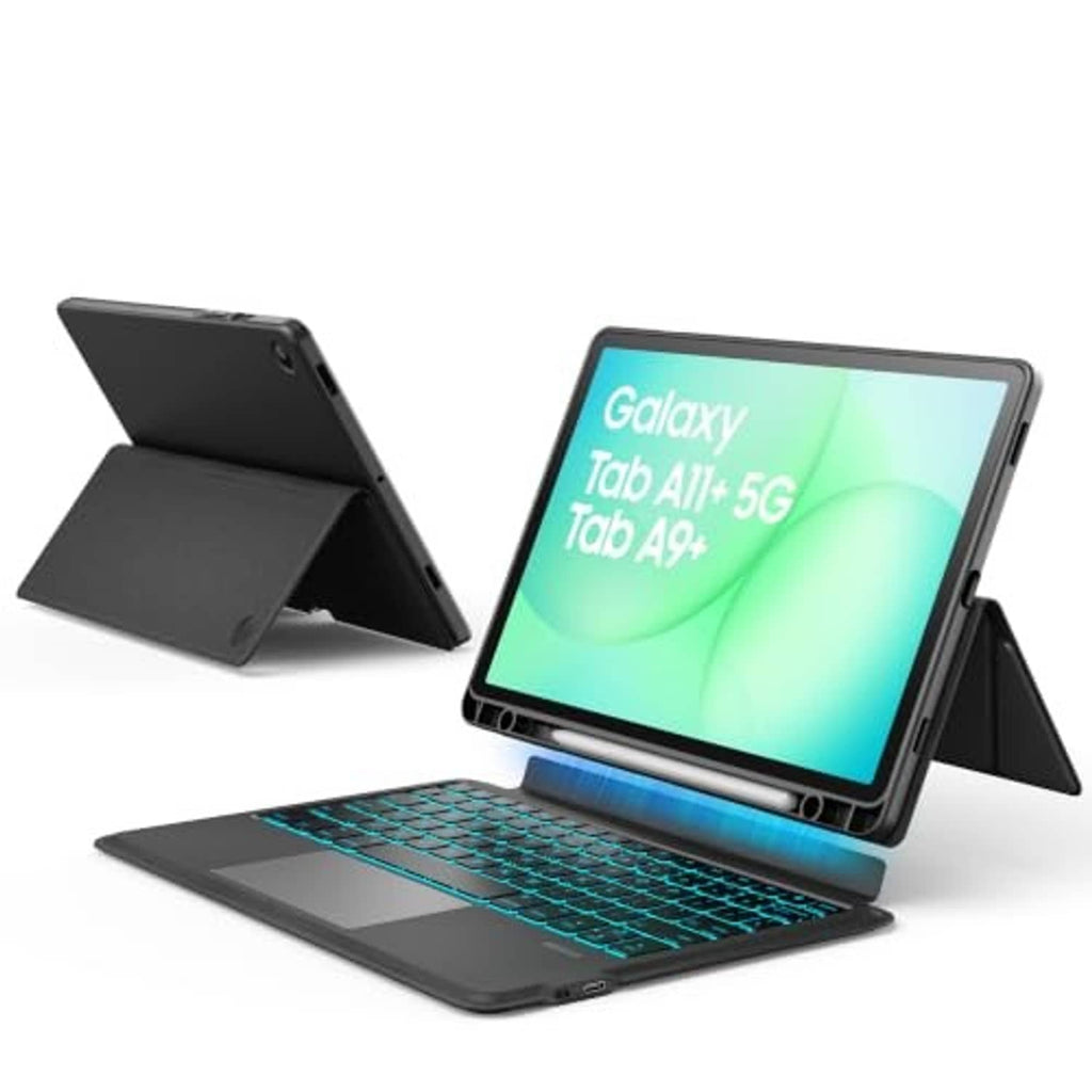 Space black keyboard case for tablet with adjustable stand and teal backlit keys