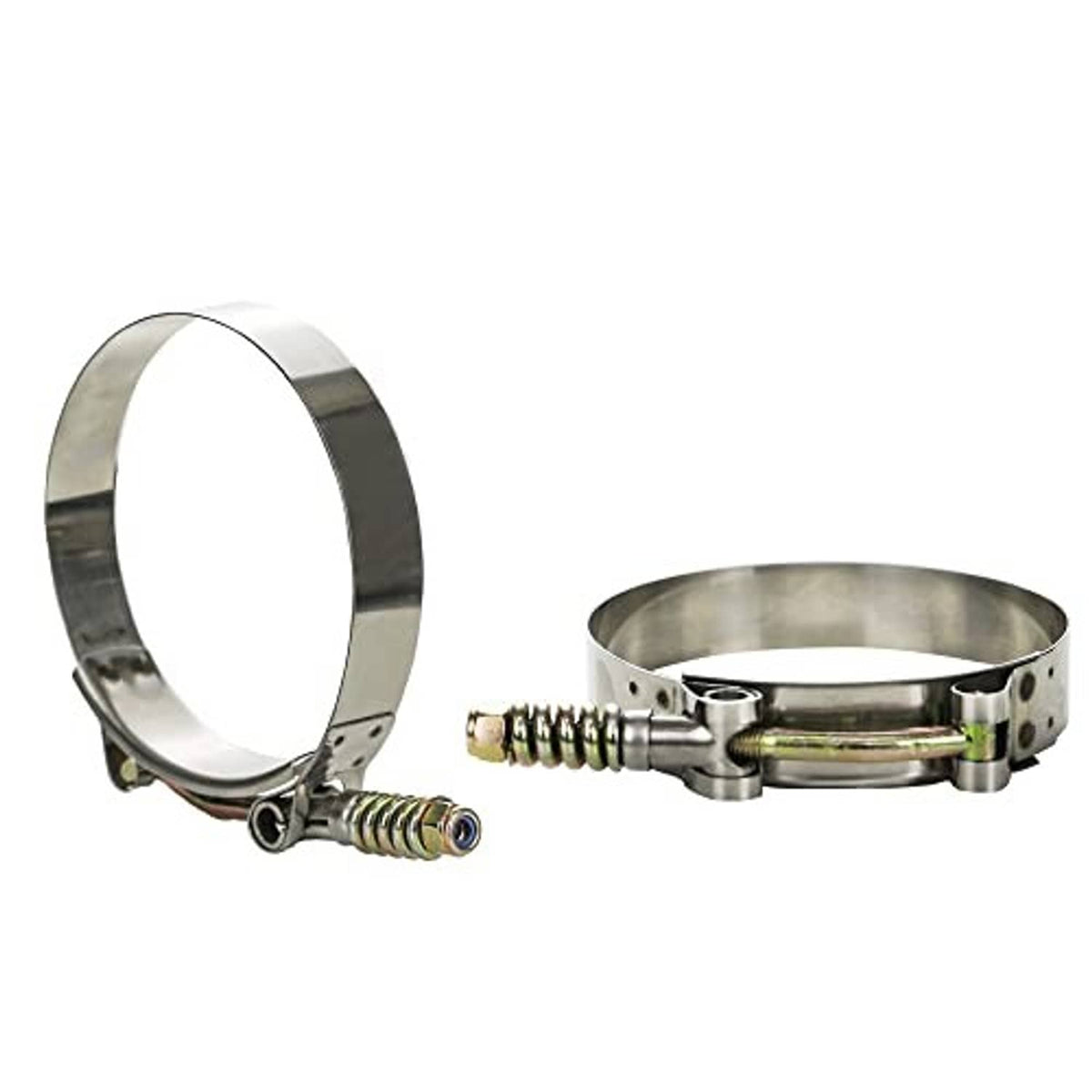 Pair of stainless T-bolt hose clamps with spring bolts and band collars