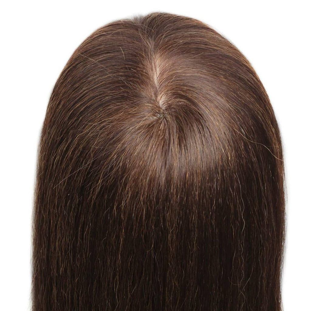 Brown human hair training practice head mannequin crown view with hair part