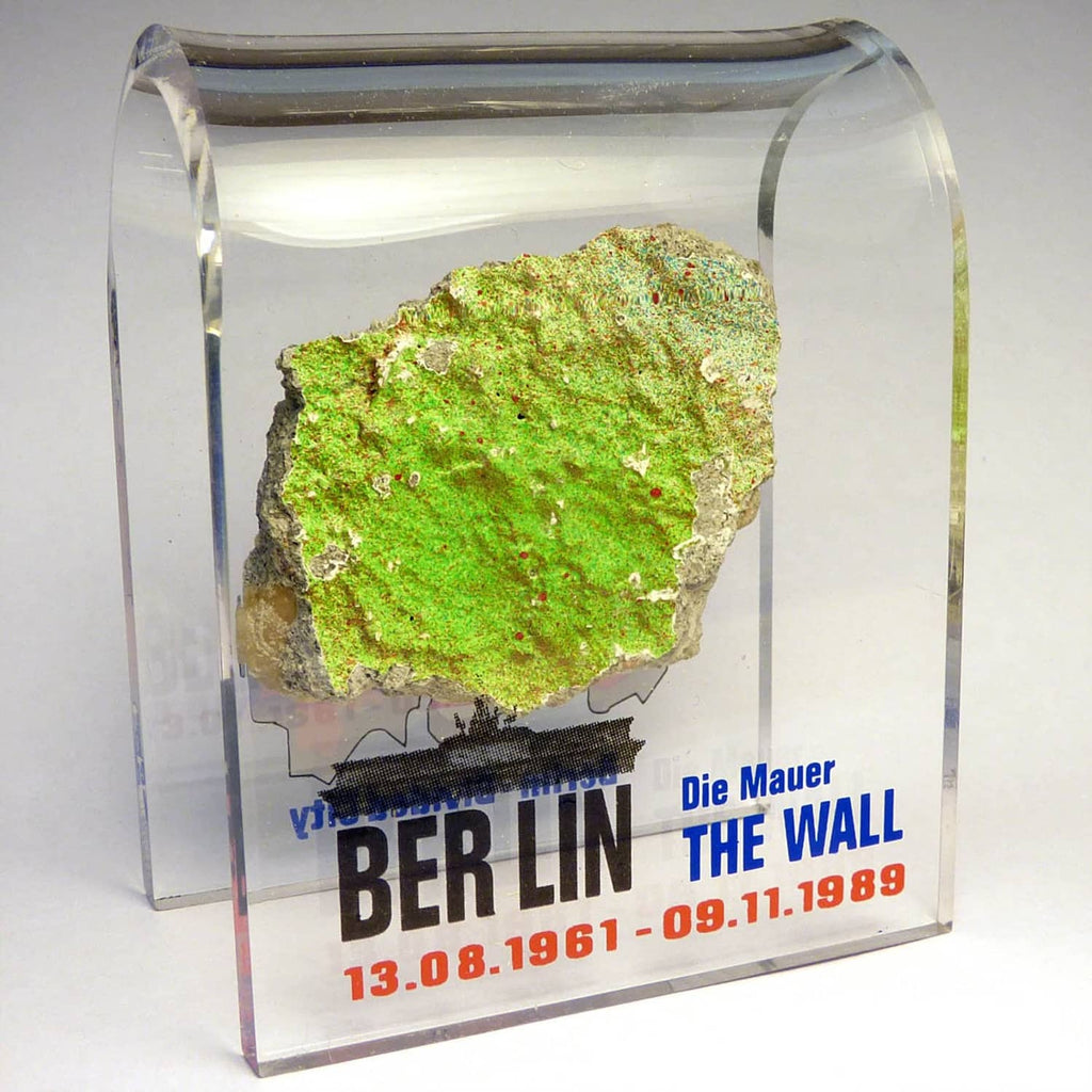 Acrylic display case with bright green Berlin Wall rock and Die Mauer the Wall text