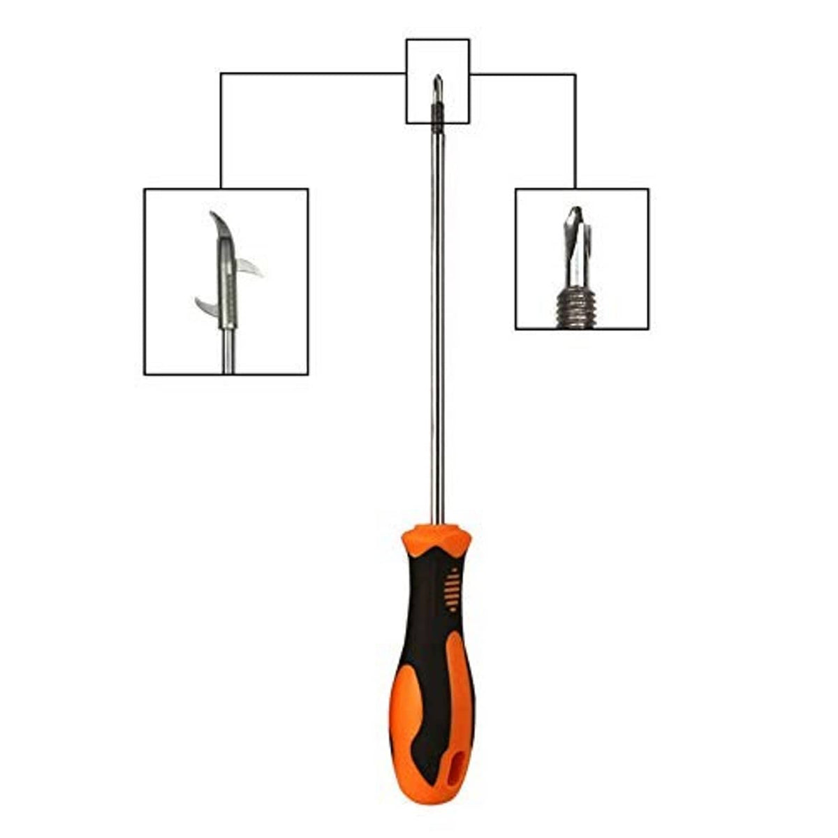 Tire cleaning hook tool with orange-and-black handle and double-prong metal hook