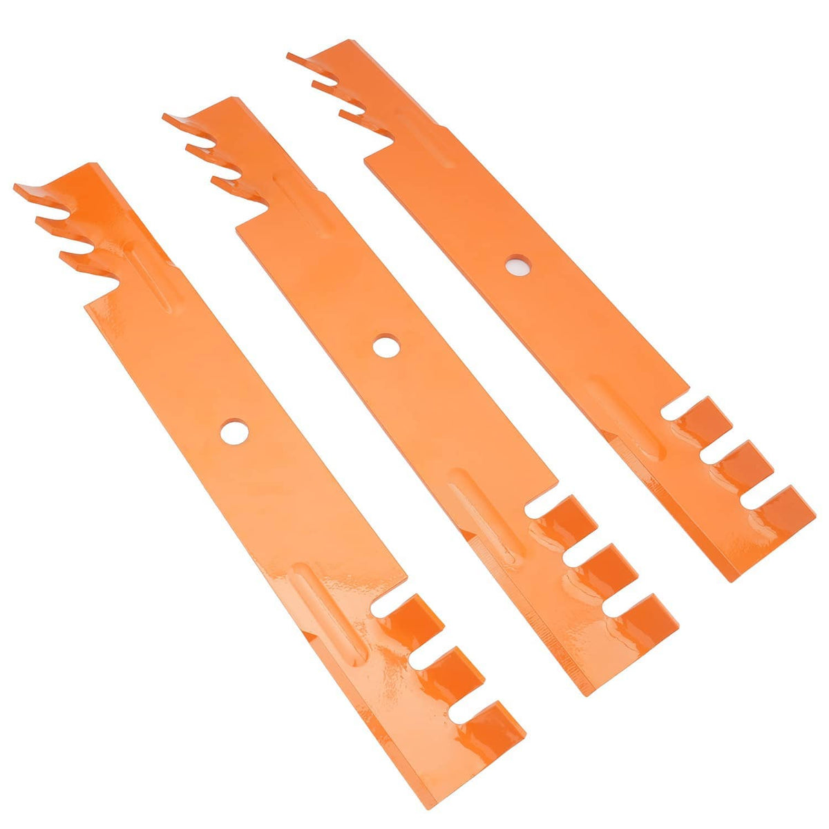 Three orange deck blades with center holes and serrated end cutouts