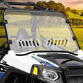Clear vented UTV windshield, scratch-resistant, with black mounting clamps