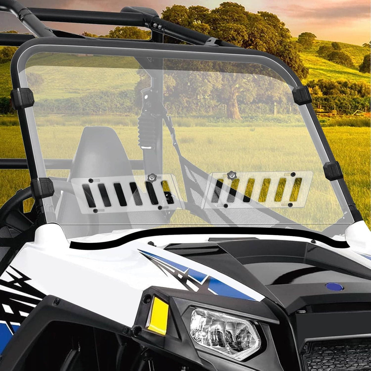 Clear vented UTV windshield, scratch-resistant, with black mounting clamps