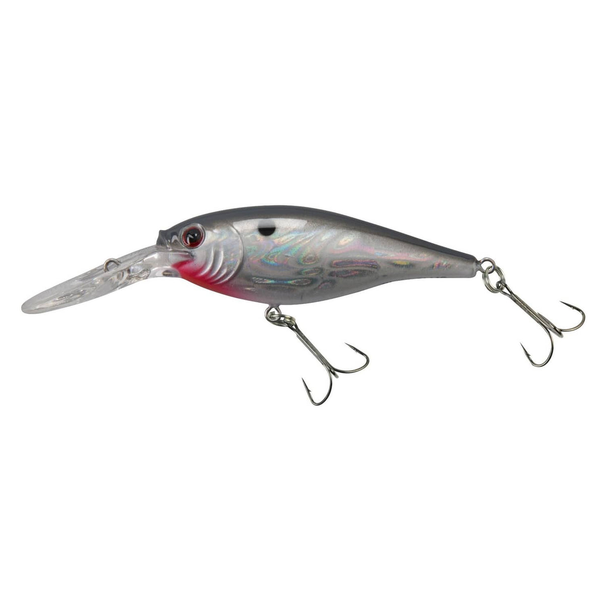 Multi-color crankbait fishing lure with silver body, red head, and 3 treble hooks