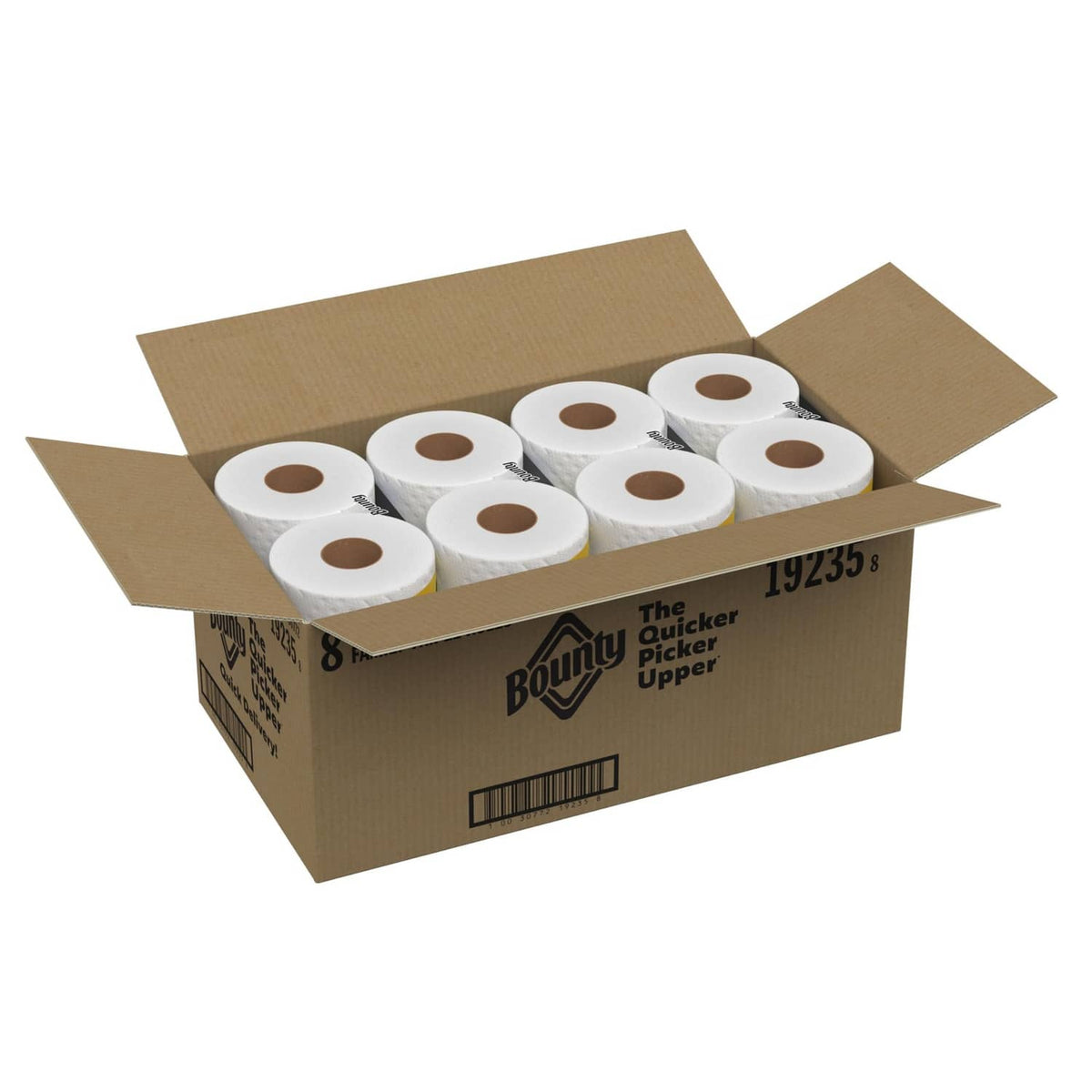 Open carton of white paper towel rolls, Bounty QuickSize 8-pack