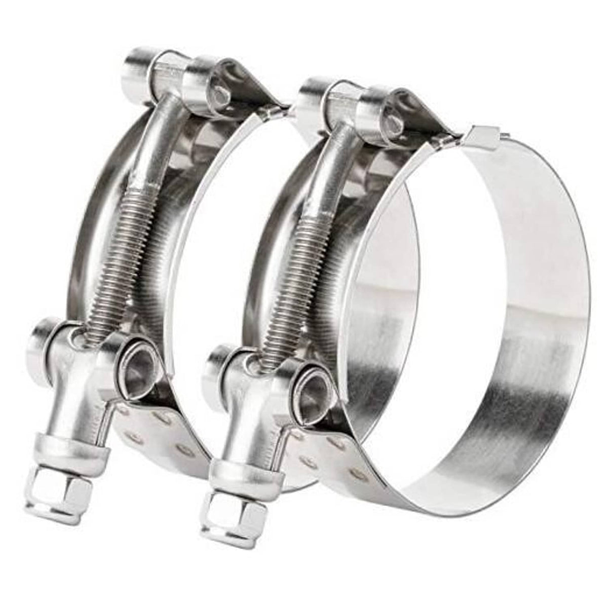 Stainless steel T-bolt hose clamp, 1.75 in, 2-pack with threaded band and bolt