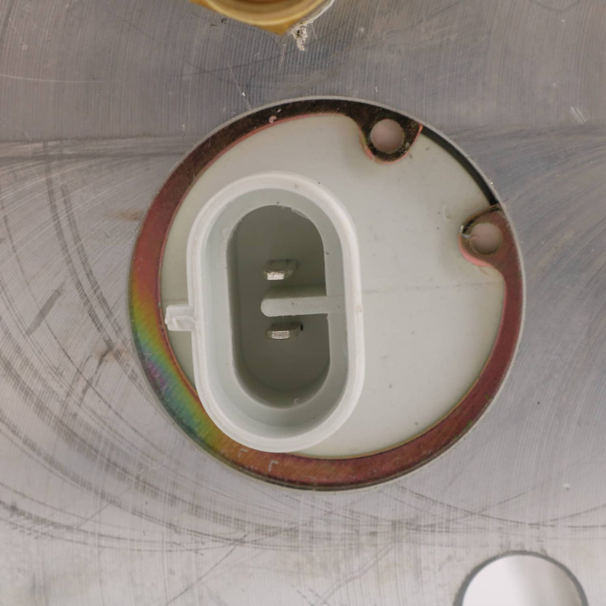 Air dryer cap close-up with white connector insert and bronze ring