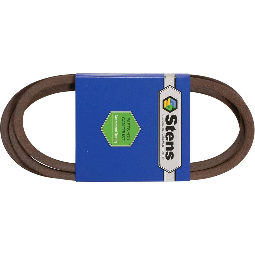 Brown rubber drive belt with Stens label on blue sleeve, horizontal loop view