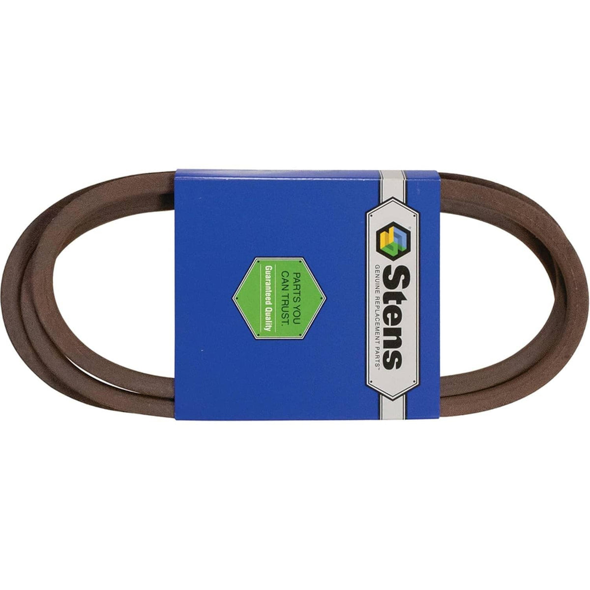 Brown rubber drive belt with Stens label on blue sleeve, horizontal loop view