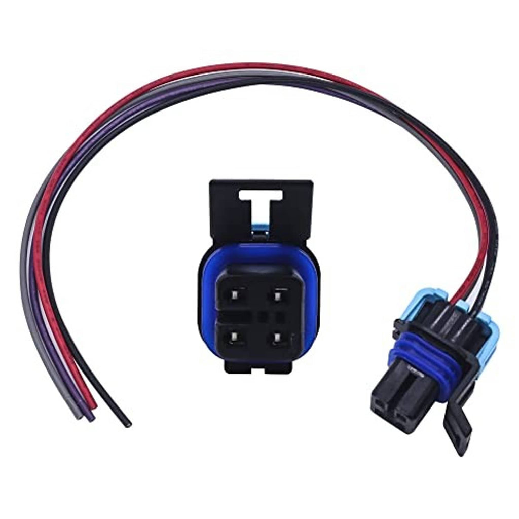 4-way female electrical pigtail connector with blue-and-black housing and multicolor wire leads