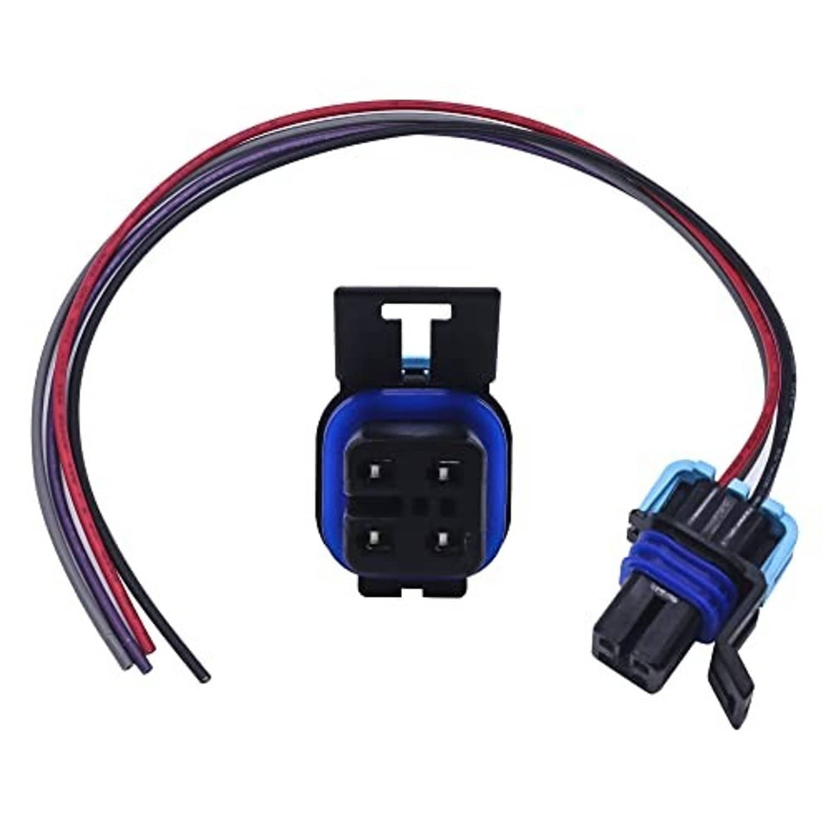 4-way female electrical pigtail connector with blue-and-black housing and multicolor wire leads