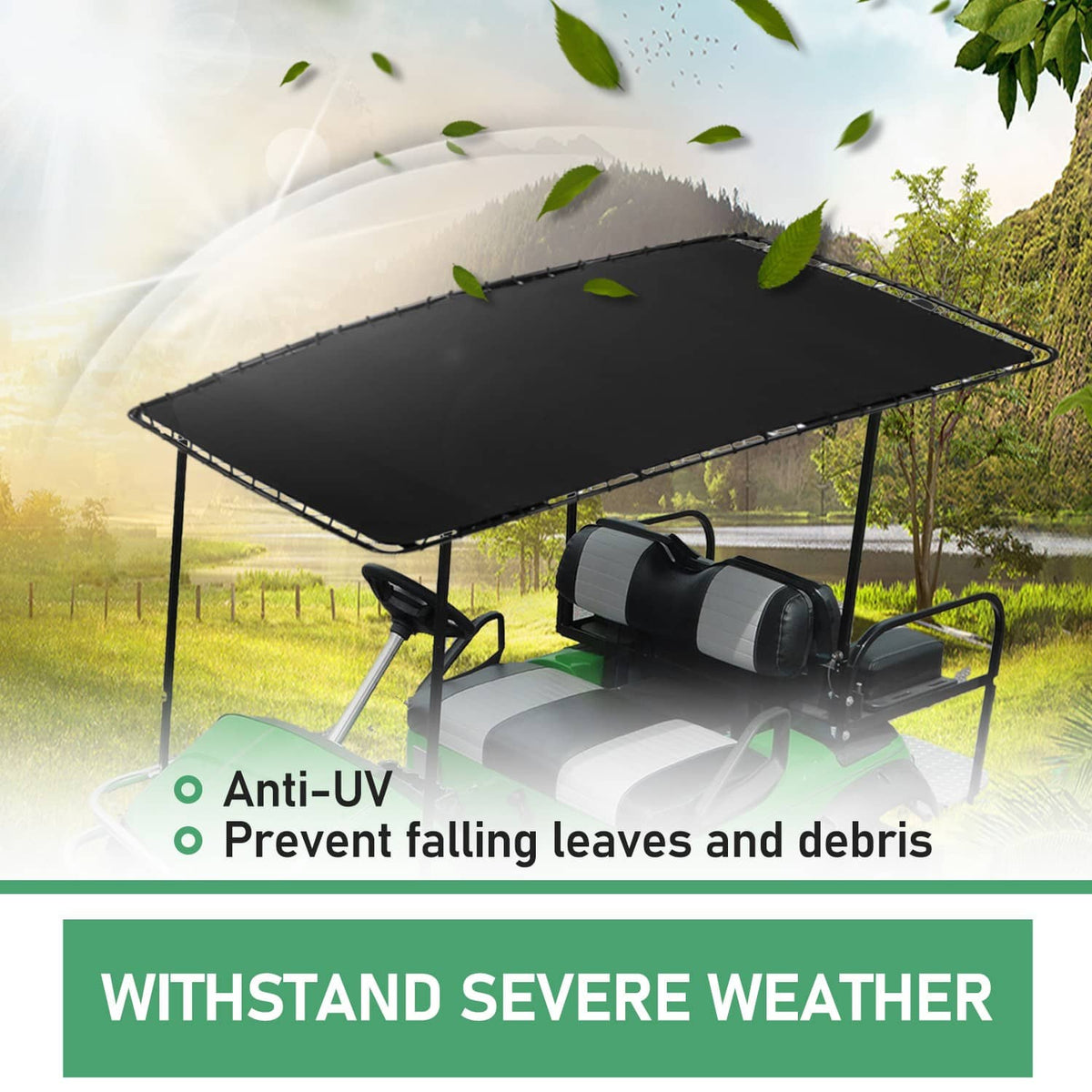 Black golf cart roof sun top kit installed on cart, sunshade panel and frame