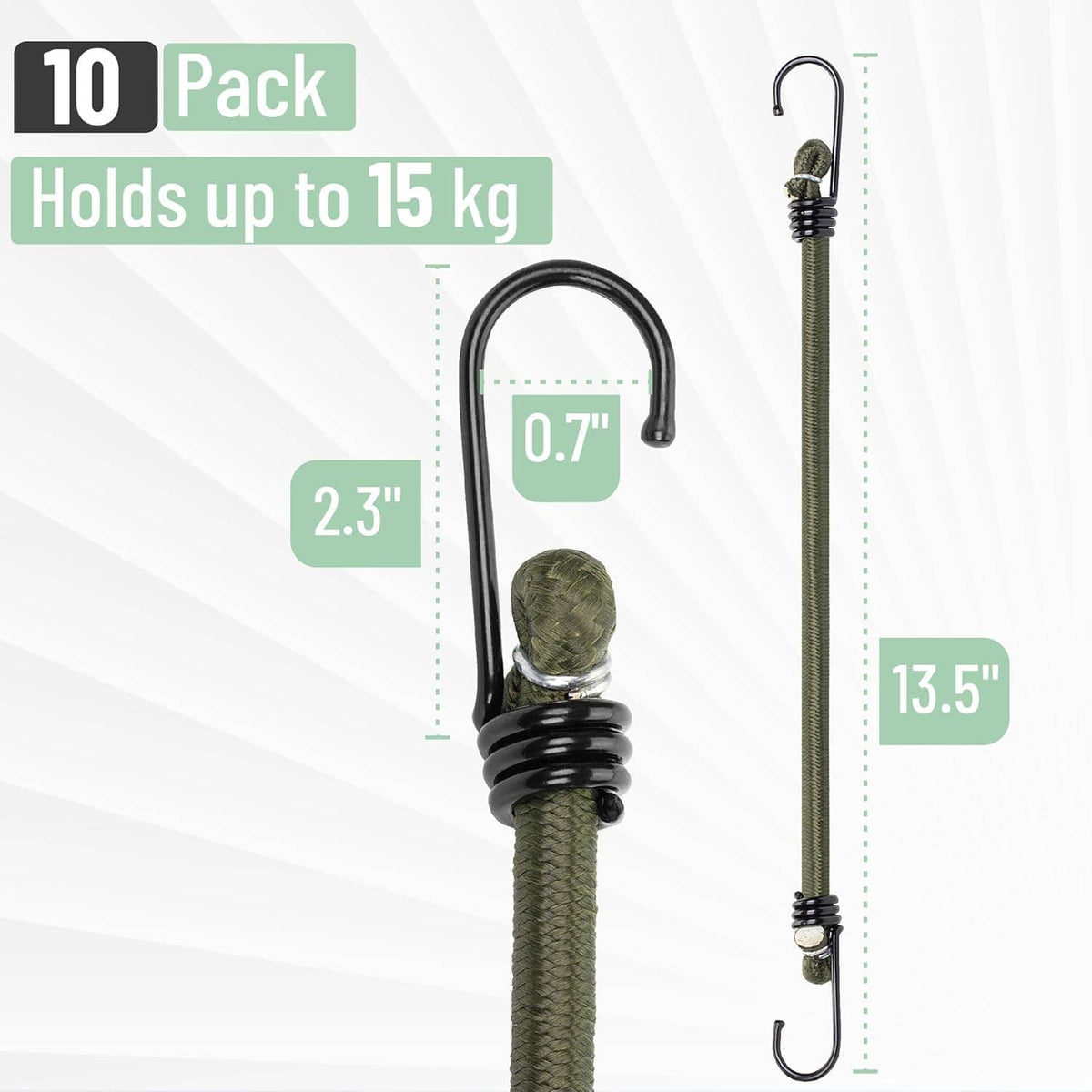 Single olive green bungee cord with metal hook and black coil