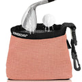 Pink golf club cleaner bag with ball washer and carry clip, black top trim
