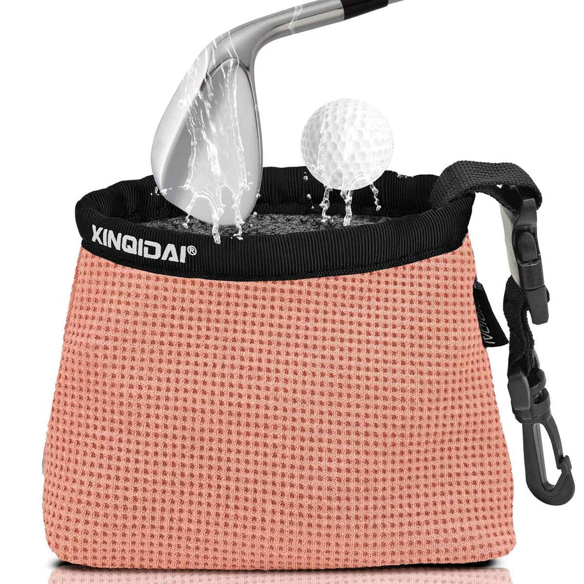 Pink golf club cleaner bag with ball washer and carry clip, black top trim