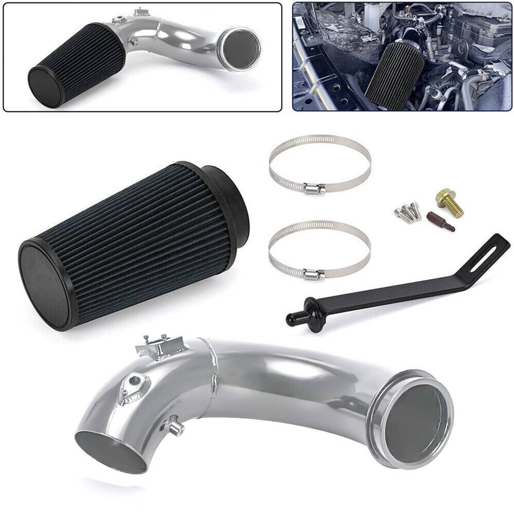 Intake kit bundle with black filter, polished piping, clamps, bracket, and fasteners