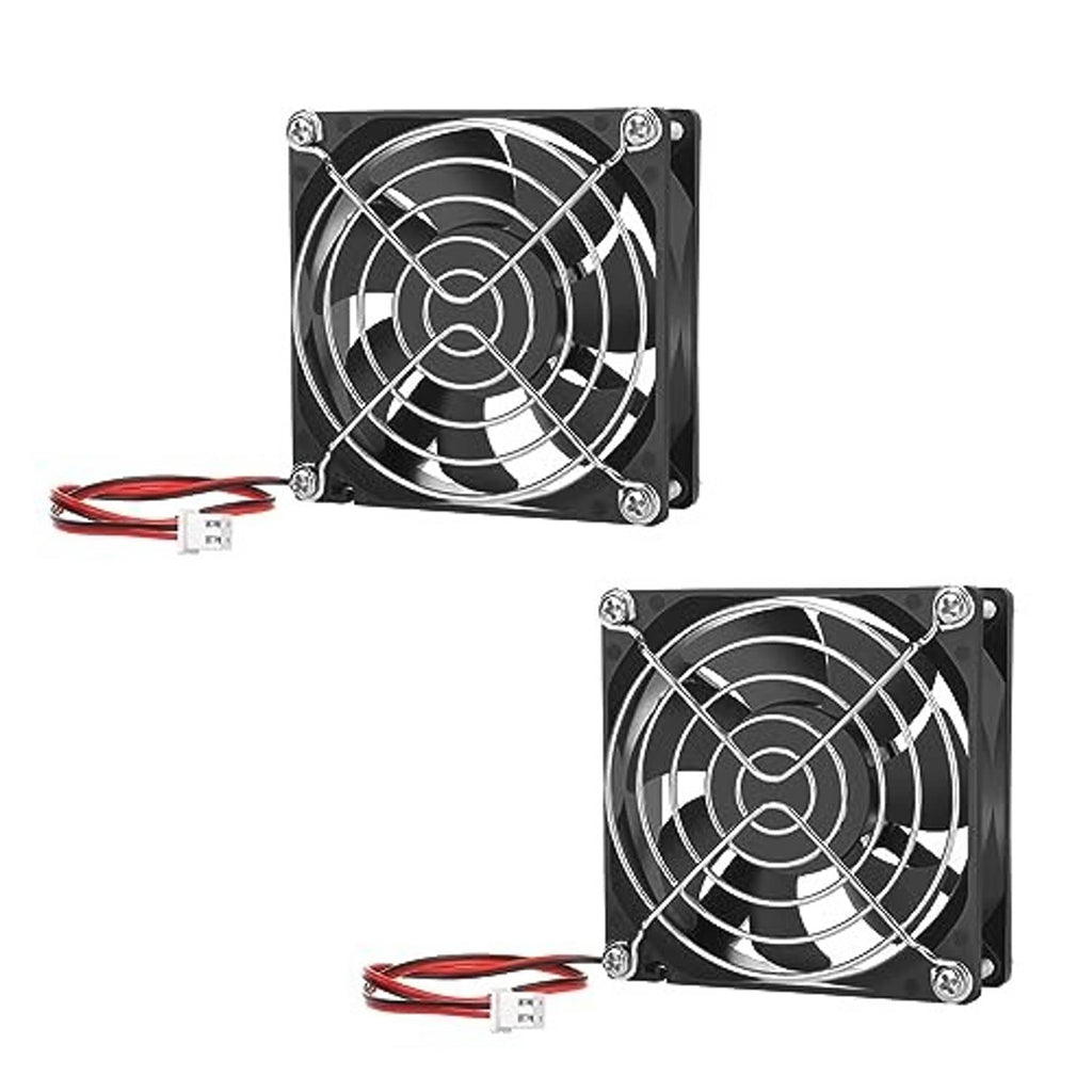 Two front-view 80mm square DC 12V brushless replacement fans with red/black wire leads