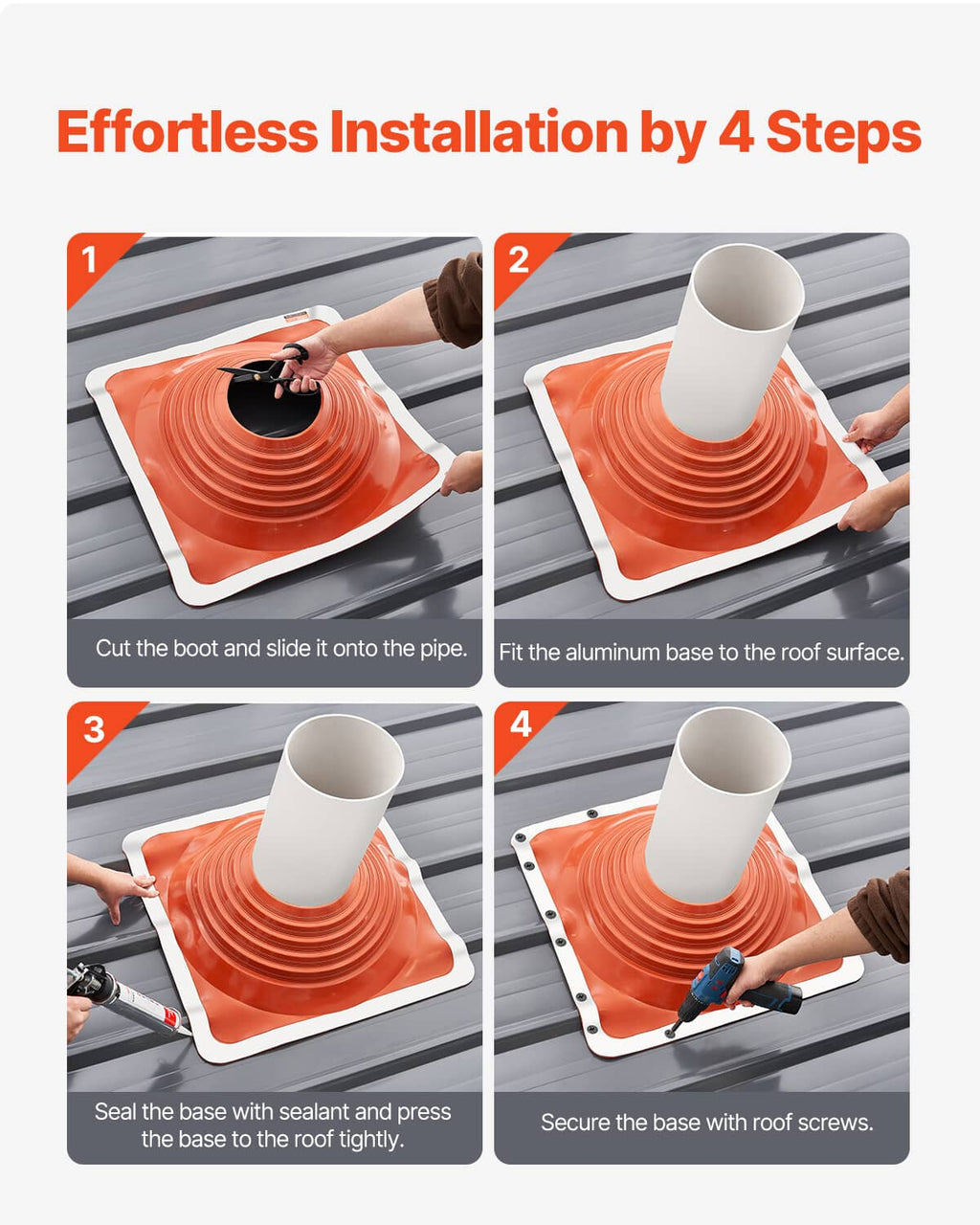 Orange silicone pipe flashing boot shown during installation with mounting base and vent pipe