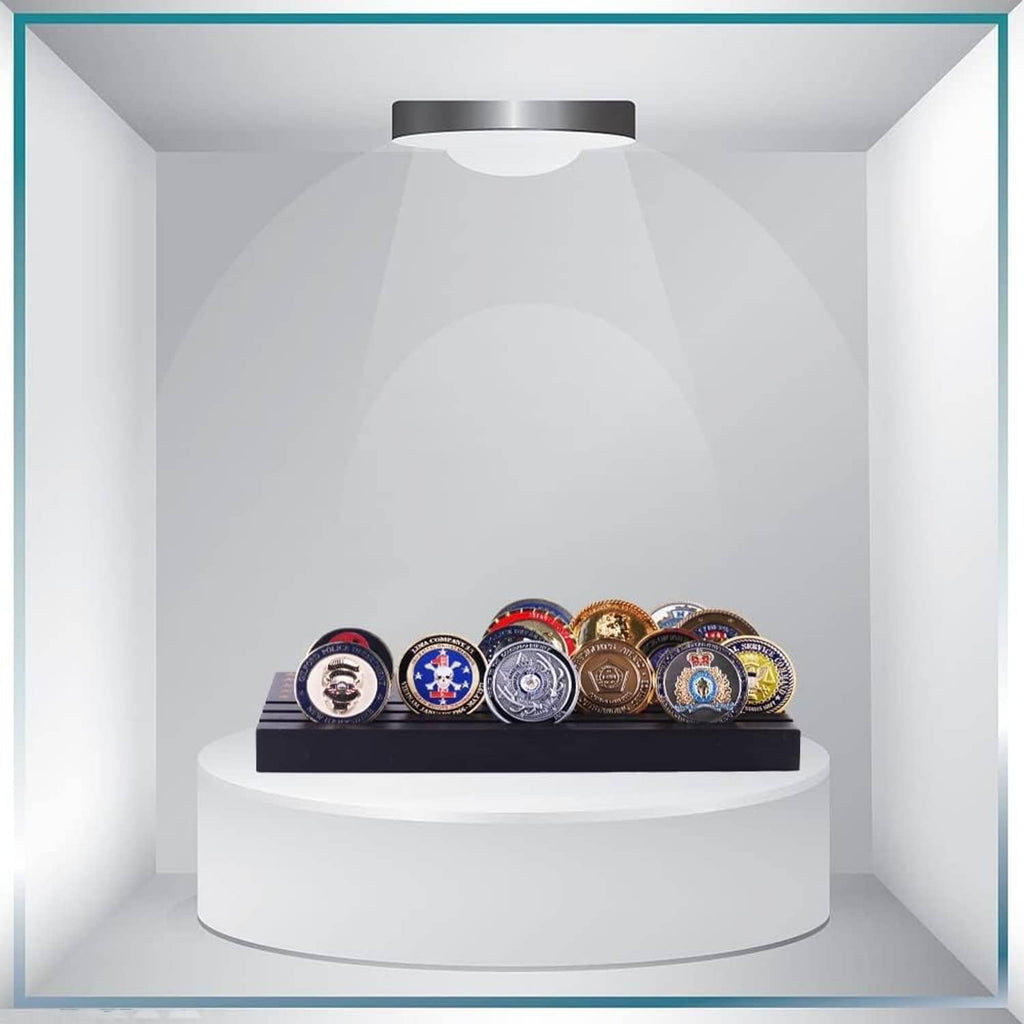 Curved pedestal coin display stand with neatly lined challenge coins