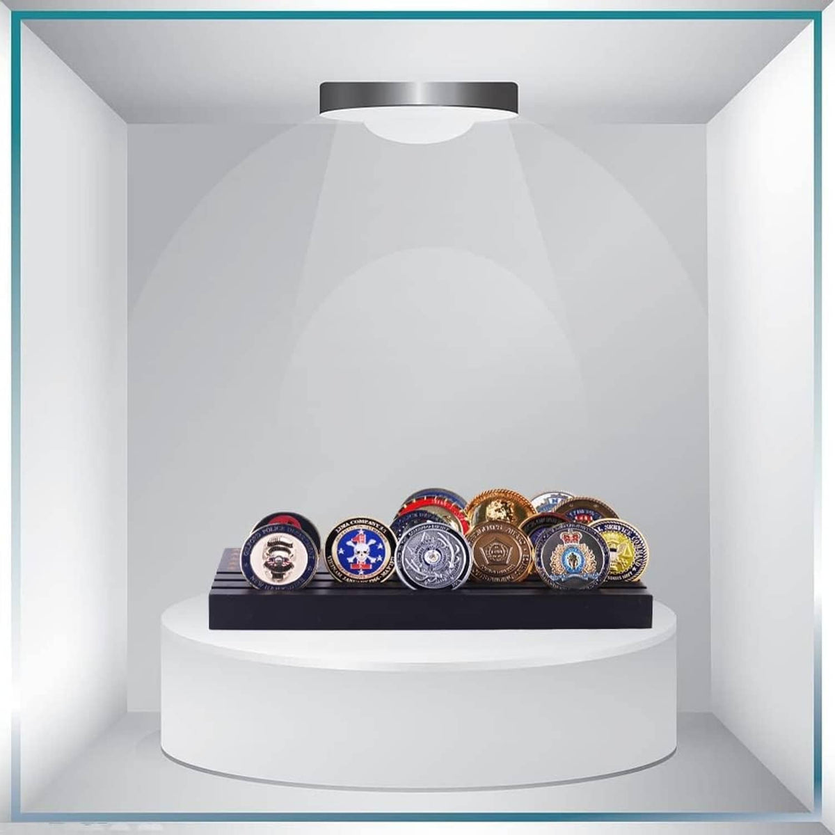 Curved pedestal coin display stand with neatly lined challenge coins