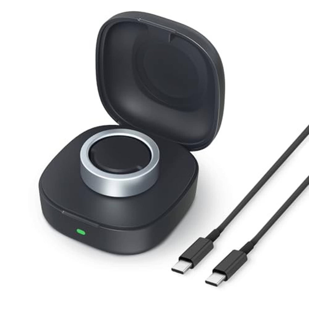 Black wireless charging case with open lid, metal charging ring, and two USB-C connectors