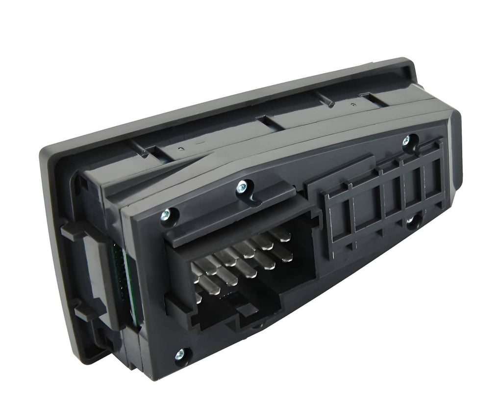 Power window switch connector side with exposed pins and multi-slot electrical interface.
