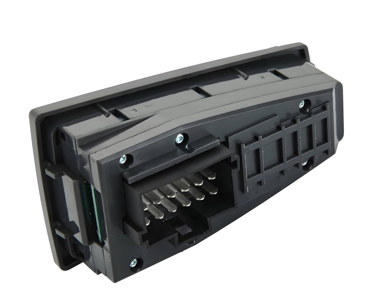 Power window switch connector side with exposed pins and multi-slot electrical interface.