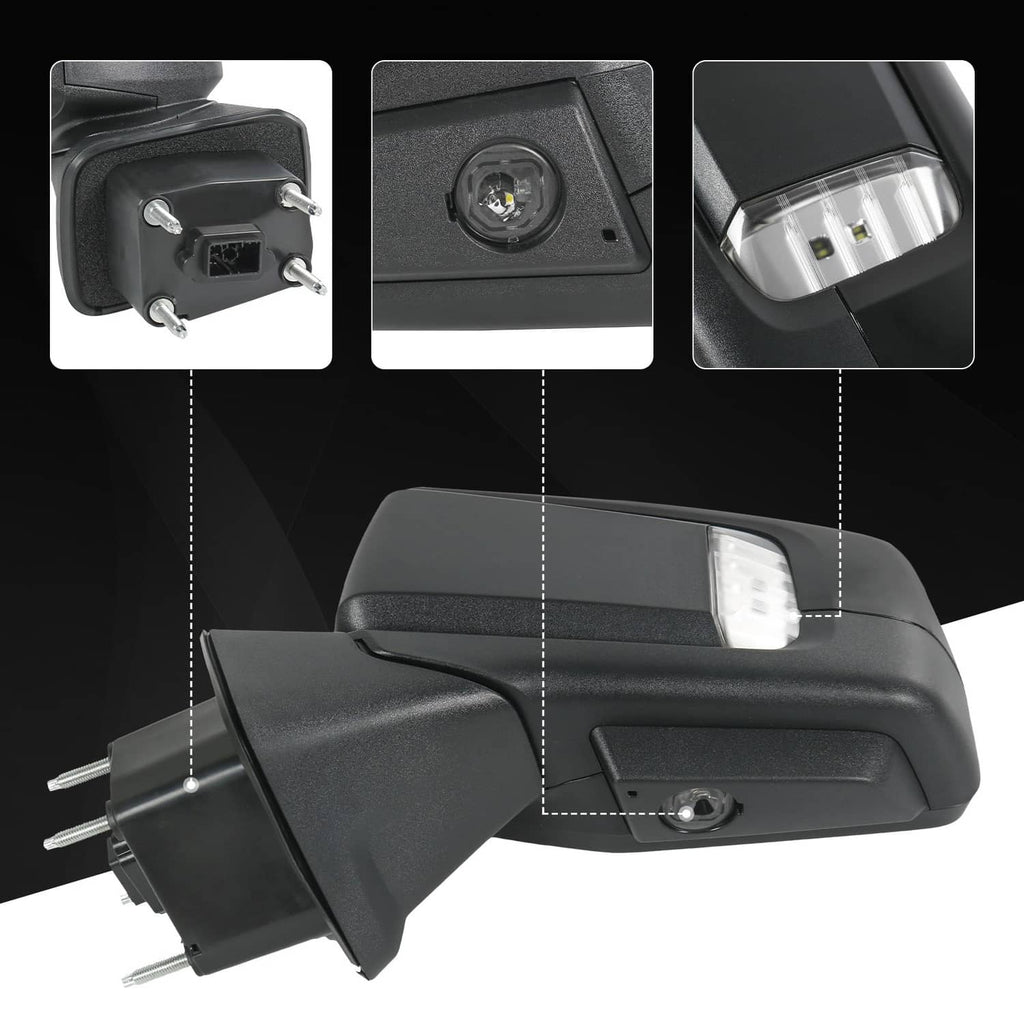 Black left driver-side mirror housing with side indicator light and wiring ports
