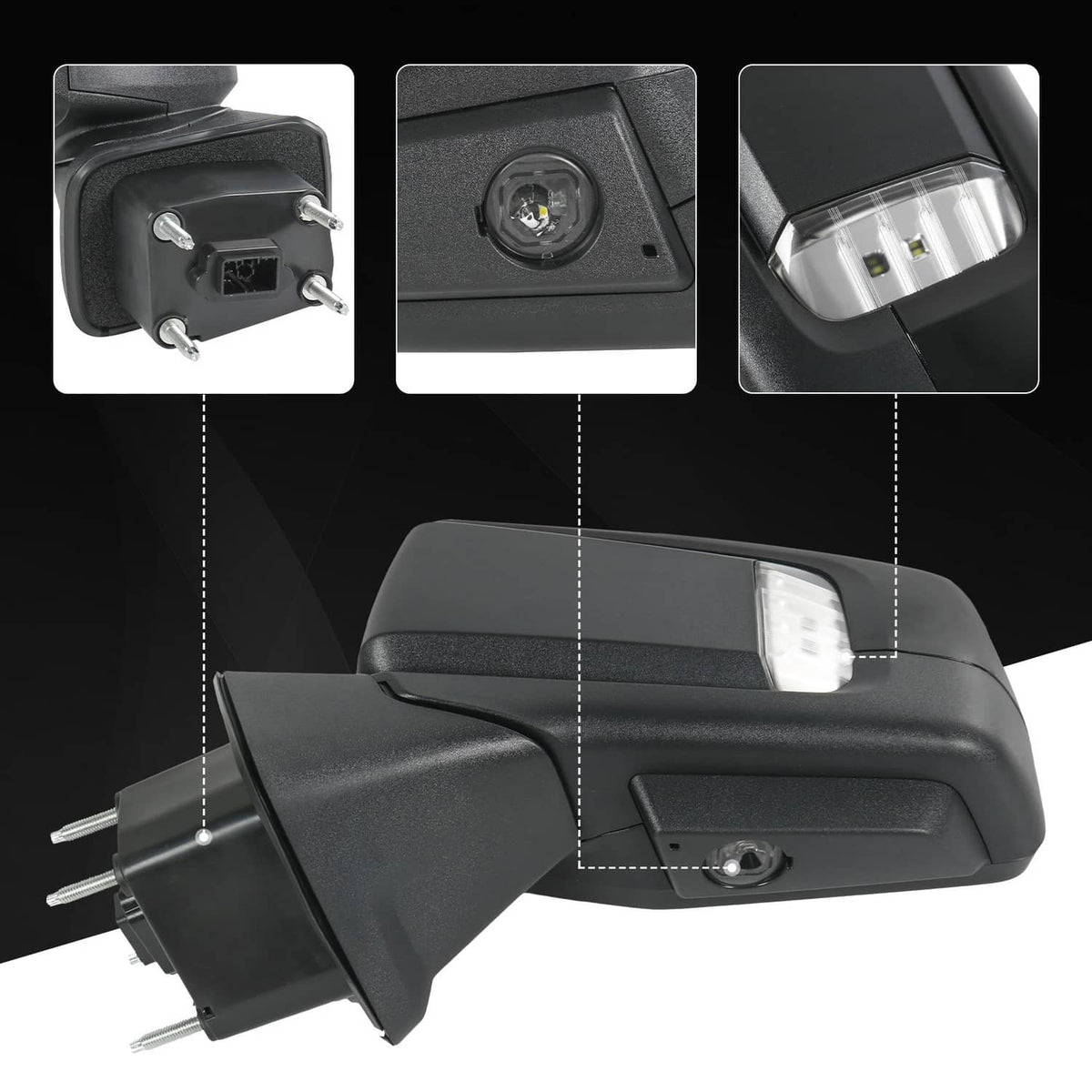 Black left driver-side mirror housing with side indicator light and wiring ports
