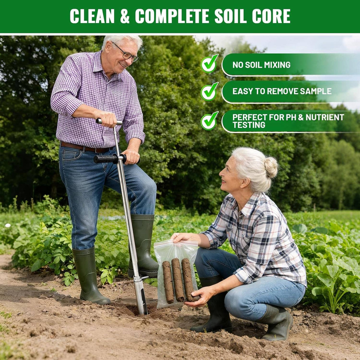 Soil core sampling tool in use in a garden bed with clean, removable sample