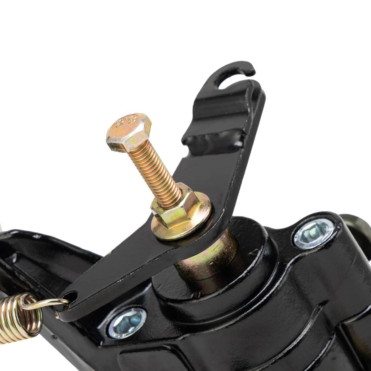 Rear brake caliper close-up showing black lever, coil spring, and hex bolts