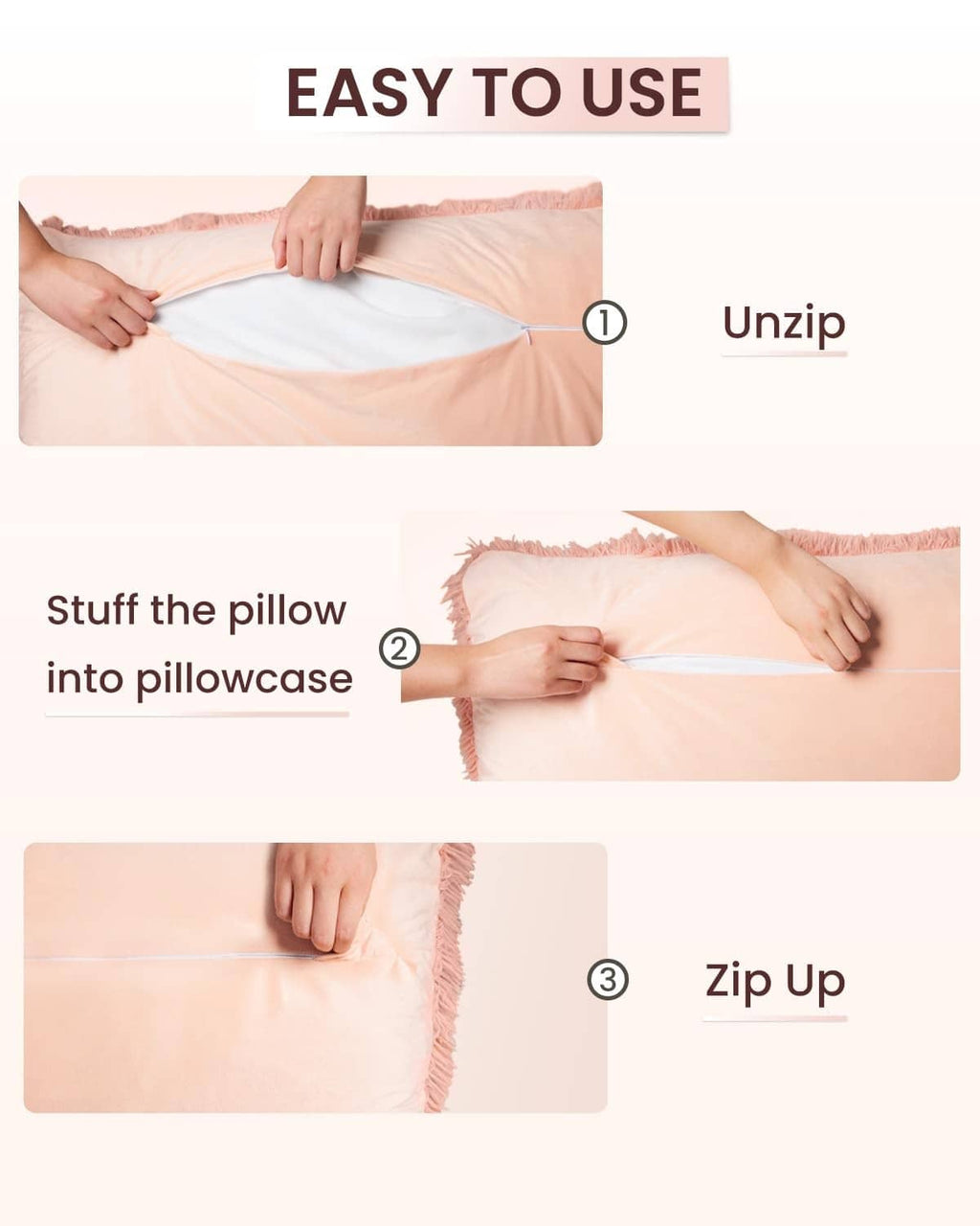 Pink fuzzy body pillow cover unzipping to remove or insert the pillow