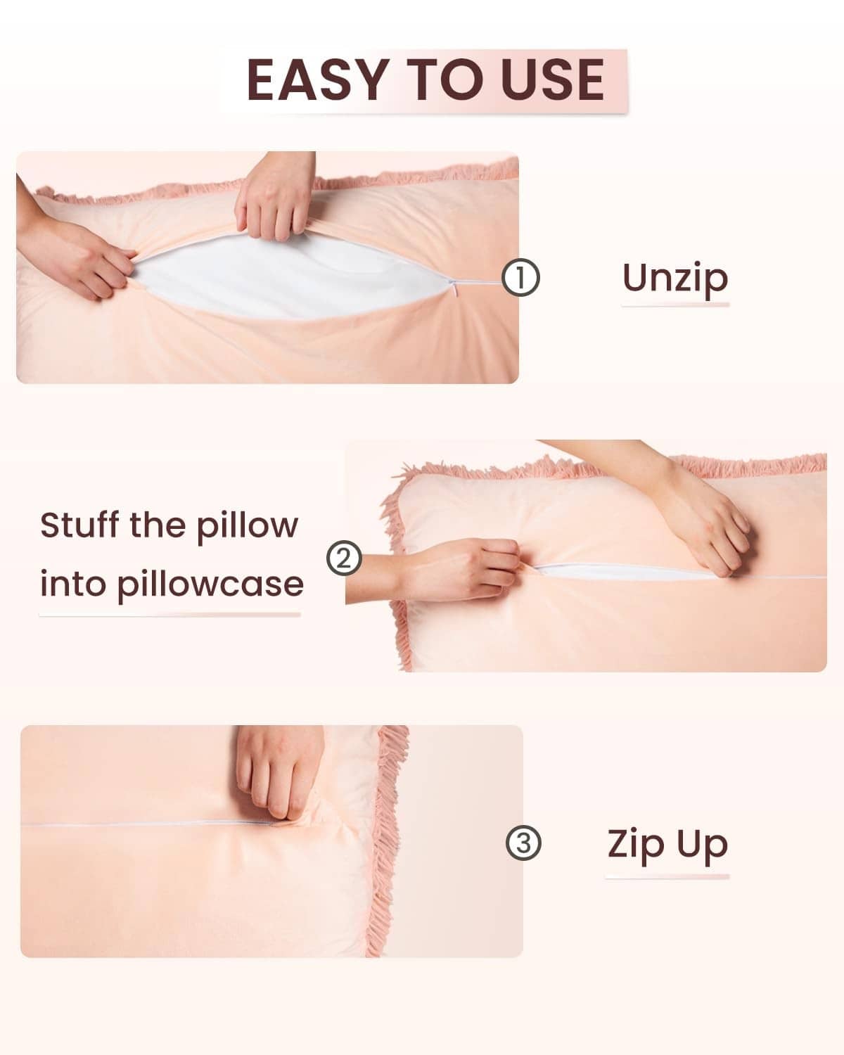 Pink fuzzy body pillow cover unzipping to remove or insert the pillow